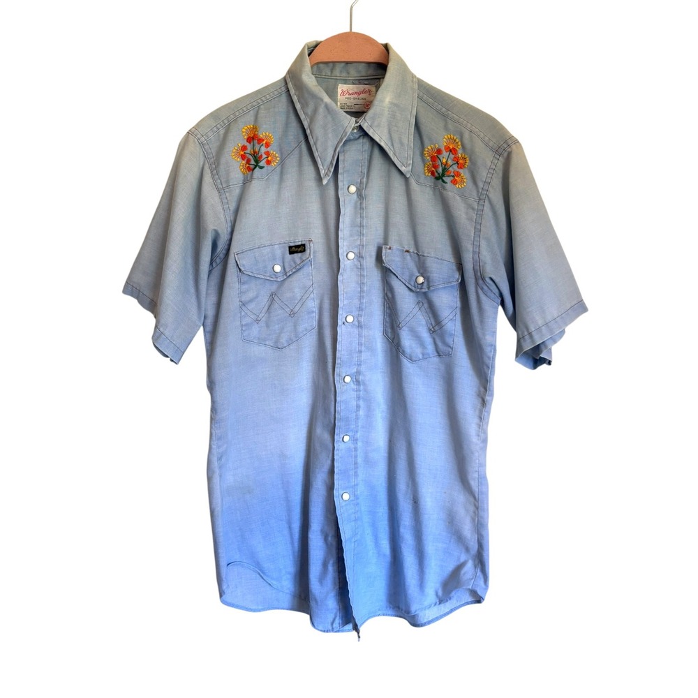 Vtg Wrangler Western Shirt Pearl Snap Short Sleeve Floral Embroidered 1970s Sz L
